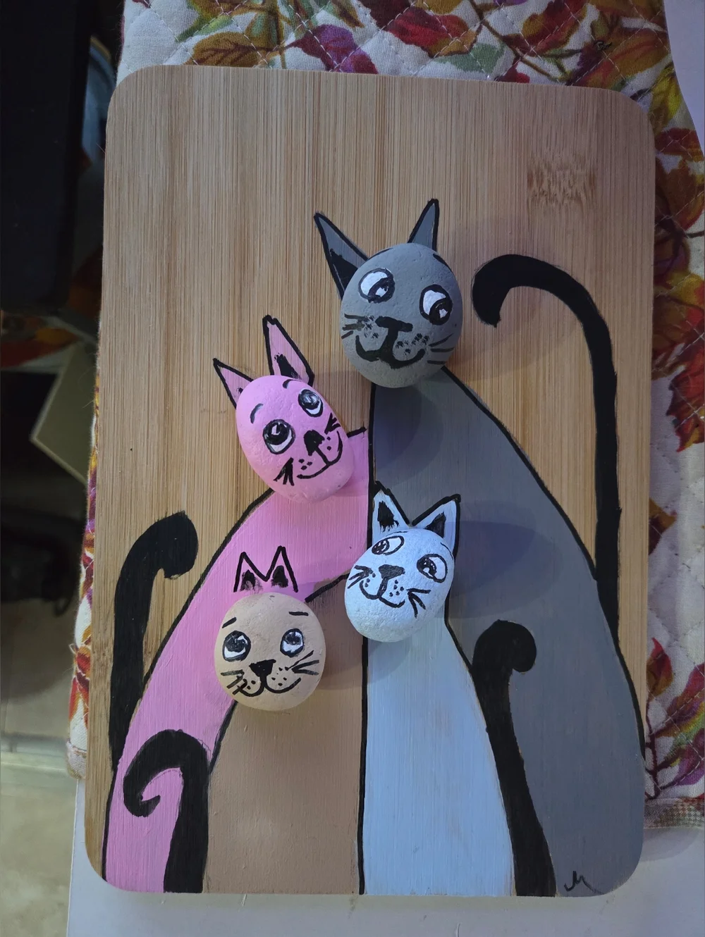 Handmade Decorative Rock Cat Wall Art - Pink, Gray, White, Tan 7x10 - Picture 1 of 2